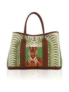 Hermes Garden Party 36 PM King's Tiger Tote Toilet Blanc Leather Green Brown